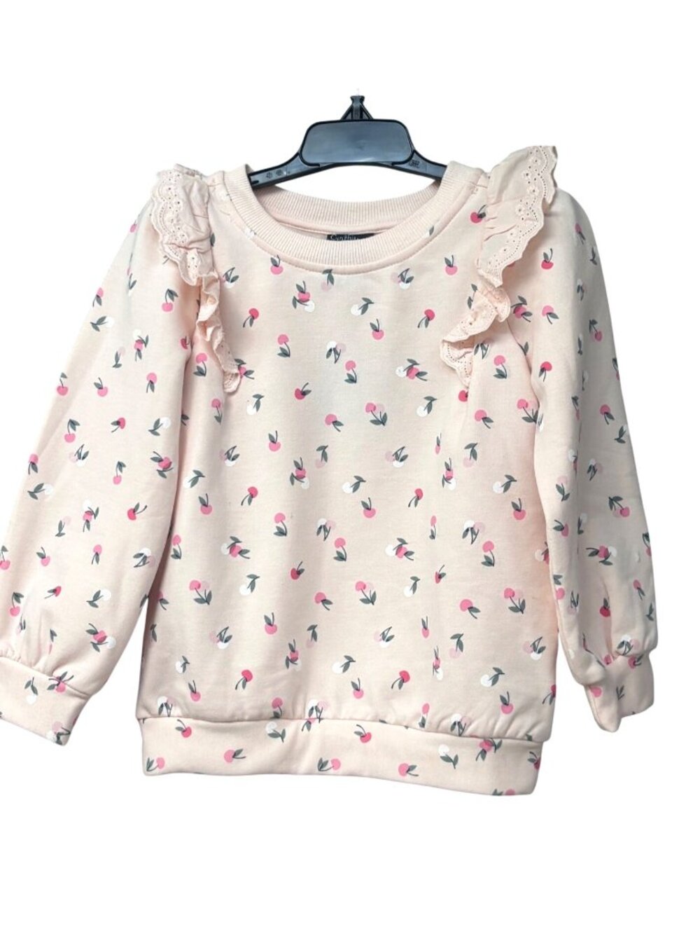 Cynthia Rowley Girls Pink Cherry Print Sweatshirt With Lace Ruffle Detail Sz 4T